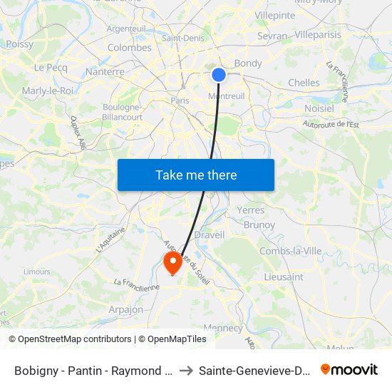 Bobigny - Pantin - Raymond Queneau to Sainte-Genevieve-Des-Bois map