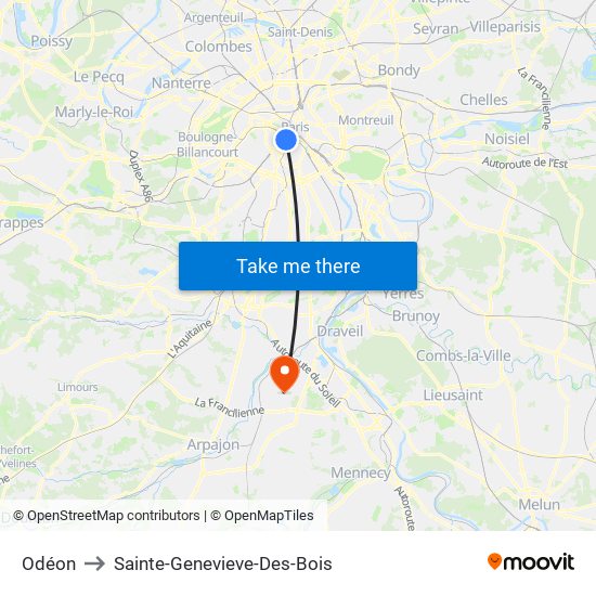 Odéon to Sainte-Genevieve-Des-Bois map