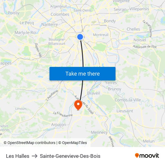 Les Halles to Sainte-Genevieve-Des-Bois map