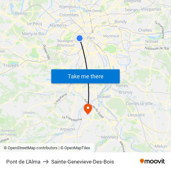 Pont de L'Alma to Sainte-Genevieve-Des-Bois map