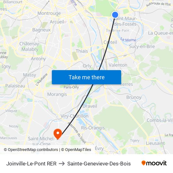 Joinville-Le-Pont RER to Sainte-Genevieve-Des-Bois map