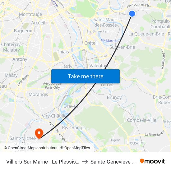 Villiers-Sur-Marne - Le Plessis-Trévise RER to Sainte-Genevieve-Des-Bois map
