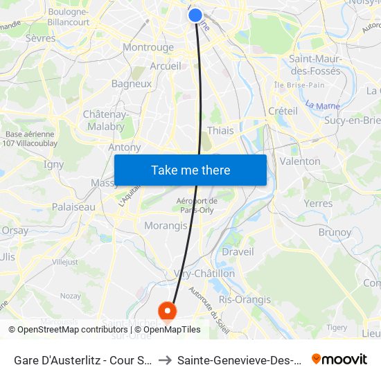 Gare D'Austerlitz - Cour Seine to Sainte-Genevieve-Des-Bois map