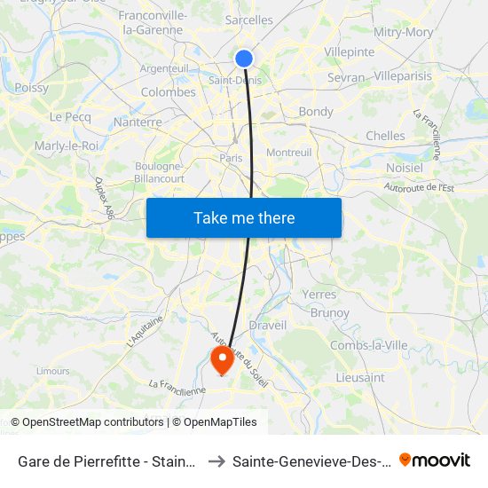 Gare de Pierrefitte - Stains RER to Sainte-Genevieve-Des-Bois map