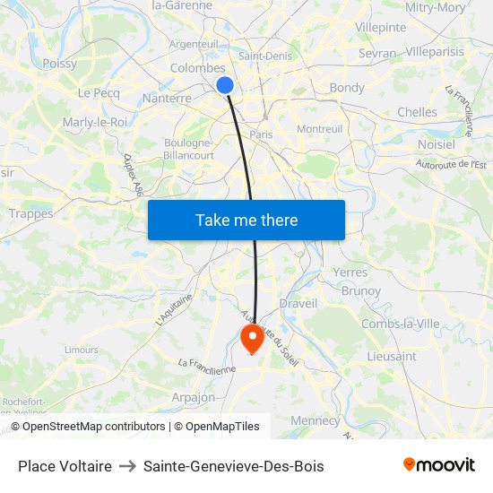 Place Voltaire to Sainte-Genevieve-Des-Bois map