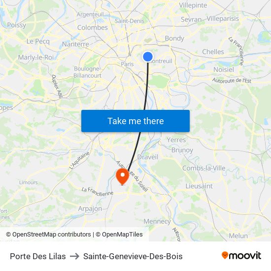Porte Des Lilas to Sainte-Genevieve-Des-Bois map