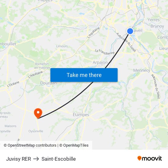 Juvisy RER to Saint-Escobille map