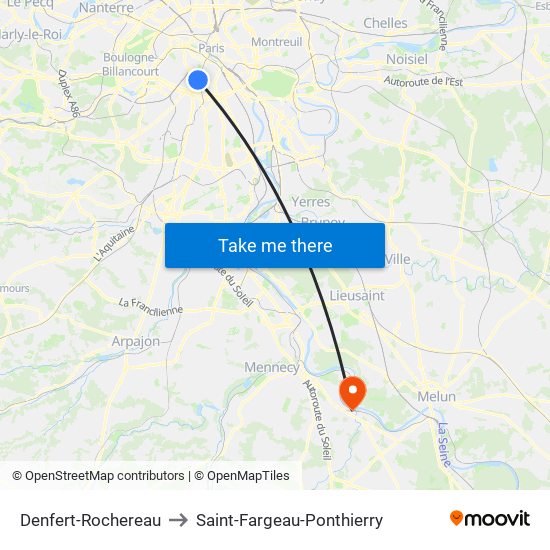 Denfert-Rochereau to Saint-Fargeau-Ponthierry map