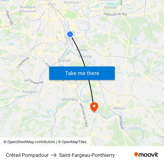 Créteil Pompadour to Saint-Fargeau-Ponthierry map