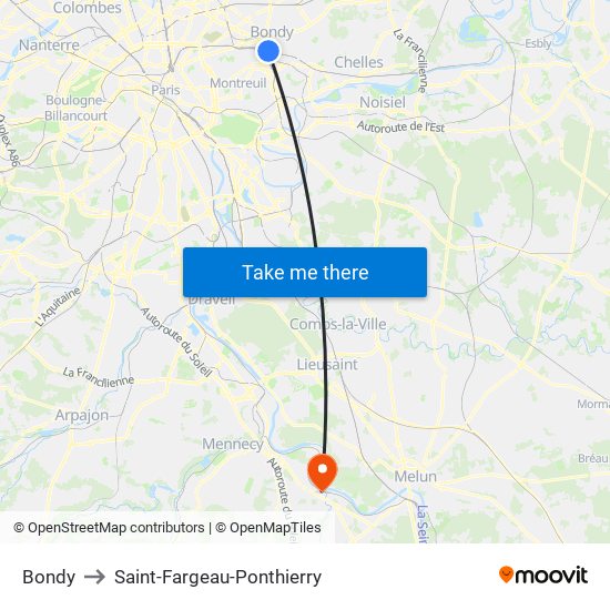 Bondy to Saint-Fargeau-Ponthierry map