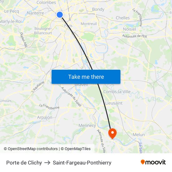 Porte de Clichy to Saint-Fargeau-Ponthierry map
