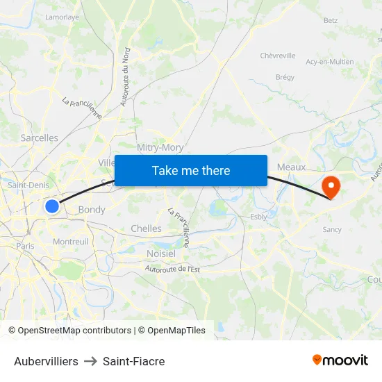 Aubervilliers to Saint-Fiacre map