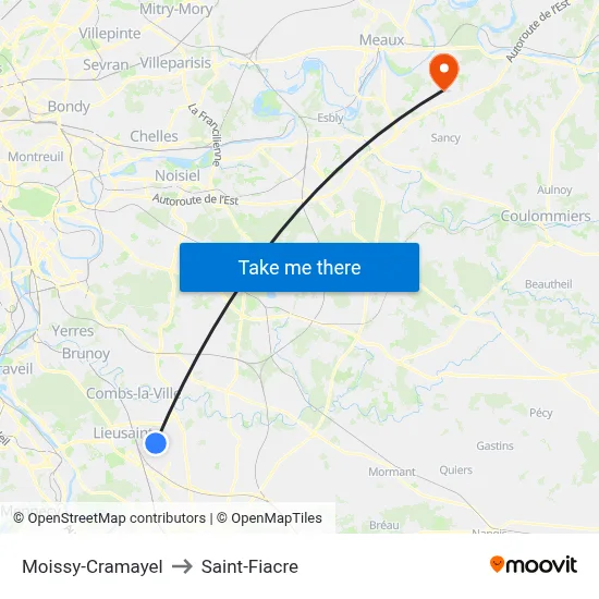 Moissy-Cramayel to Saint-Fiacre map