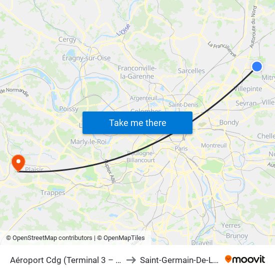 Aéroport Cdg (Terminal 3 – Roissypôle) to Saint-Germain-De-La-Grange map