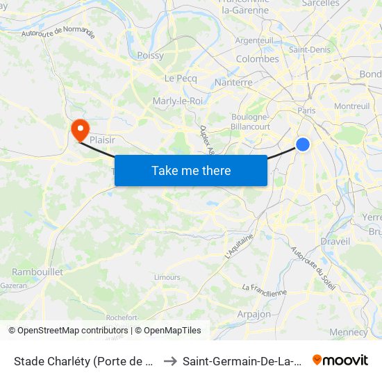 Stade Charléty (Porte de Gentilly) to Saint-Germain-De-La-Grange map