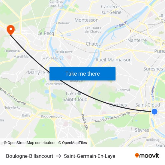 Boulogne-Billancourt to Saint-Germain-En-Laye map