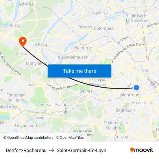 Denfert-Rochereau to Saint-Germain-En-Laye map