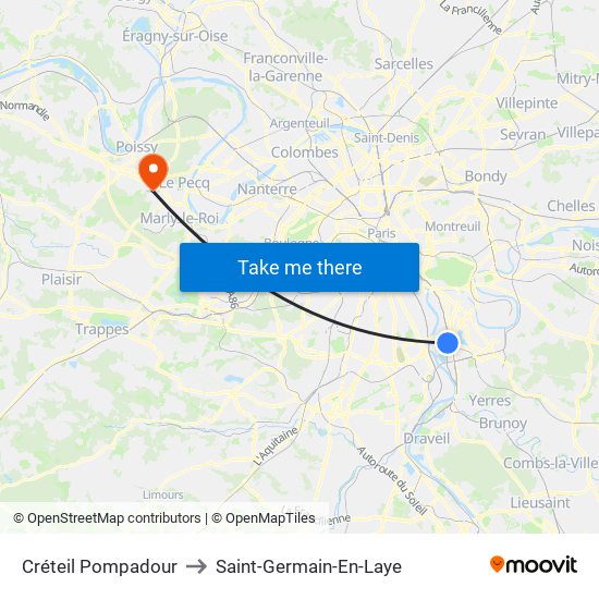 Créteil Pompadour to Saint-Germain-En-Laye map