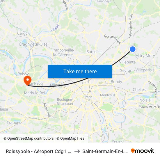 Roissypole - Aéroport Cdg1 (D1) to Saint-Germain-En-Laye map