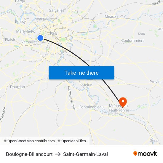 Boulogne-Billancourt to Saint-Germain-Laval map