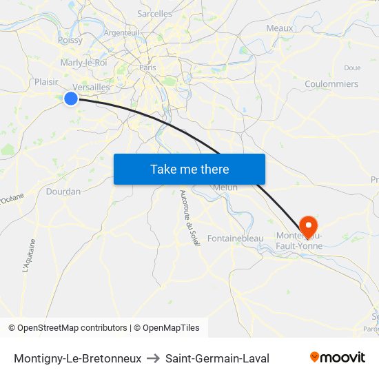 Montigny-Le-Bretonneux to Saint-Germain-Laval map