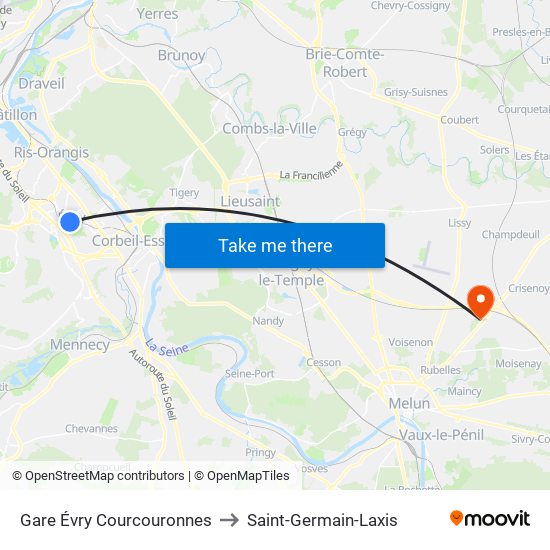 Gare Évry Courcouronnes to Saint-Germain-Laxis map