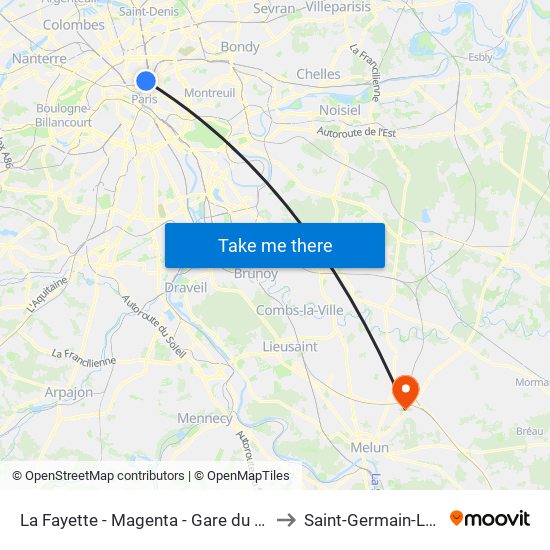La Fayette - Magenta - Gare du Nord to Saint-Germain-Laxis map