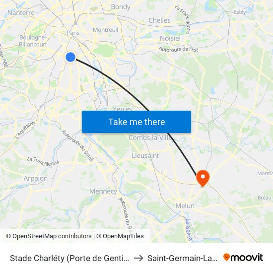 Stade Charléty (Porte de Gentilly) to Saint-Germain-Laxis map