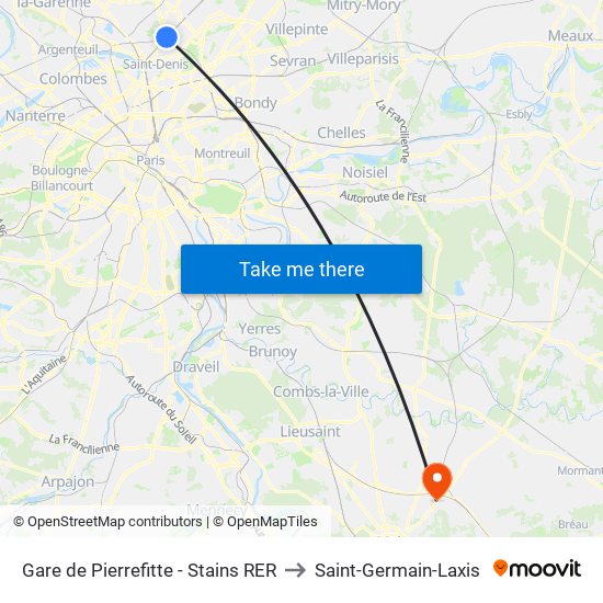 Gare de Pierrefitte - Stains RER to Saint-Germain-Laxis map
