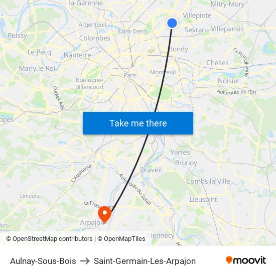 Aulnay-Sous-Bois to Saint-Germain-Les-Arpajon map