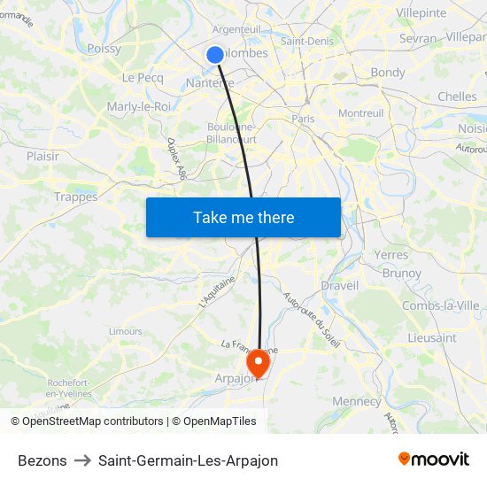 Bezons to Saint-Germain-Les-Arpajon map