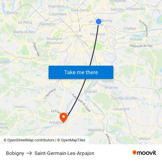 Bobigny to Saint-Germain-Les-Arpajon map