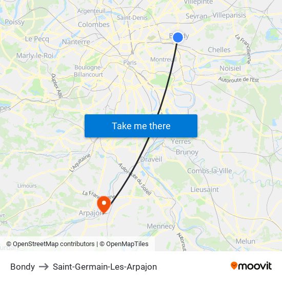 Bondy to Saint-Germain-Les-Arpajon map