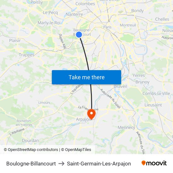 Boulogne-Billancourt to Saint-Germain-Les-Arpajon map