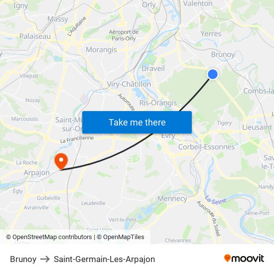 Brunoy to Saint-Germain-Les-Arpajon map
