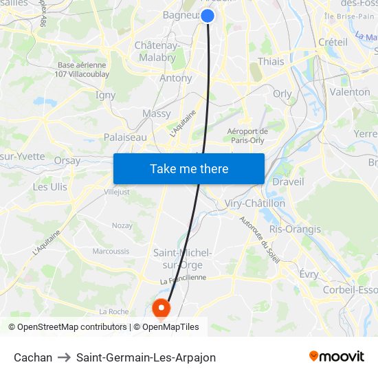 Cachan to Saint-Germain-Les-Arpajon map