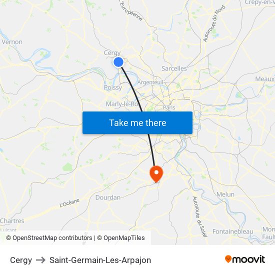 Cergy to Saint-Germain-Les-Arpajon map