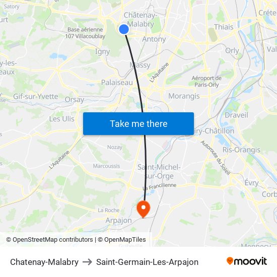 Chatenay-Malabry to Saint-Germain-Les-Arpajon map