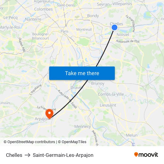 Chelles to Saint-Germain-Les-Arpajon map