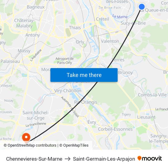 Chennevieres-Sur-Marne to Saint-Germain-Les-Arpajon map