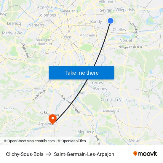 Clichy-Sous-Bois to Saint-Germain-Les-Arpajon map