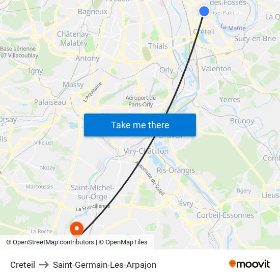 Creteil to Saint-Germain-Les-Arpajon map