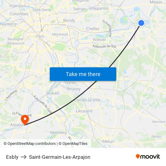 Esbly to Saint-Germain-Les-Arpajon map