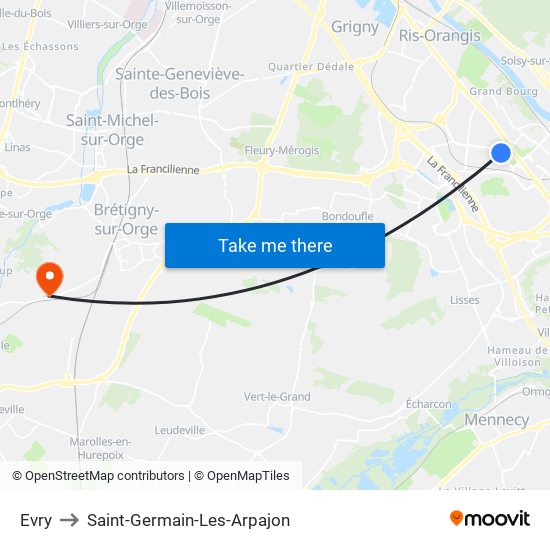 Evry to Saint-Germain-Les-Arpajon map