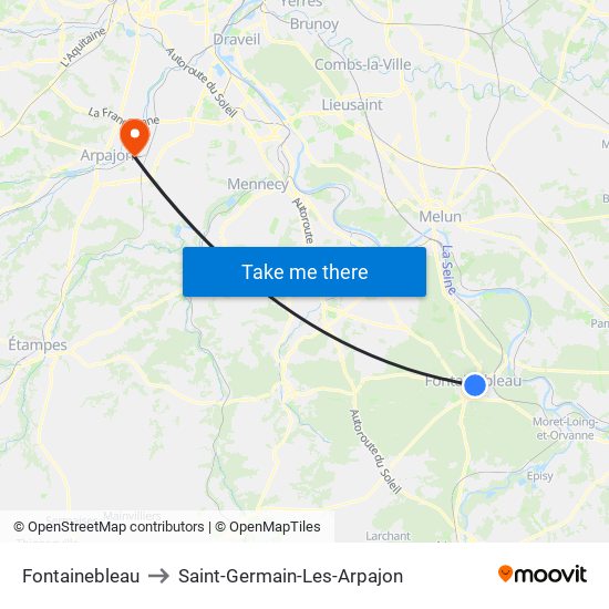 Fontainebleau to Saint-Germain-Les-Arpajon map