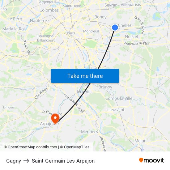 Gagny to Saint-Germain-Les-Arpajon map