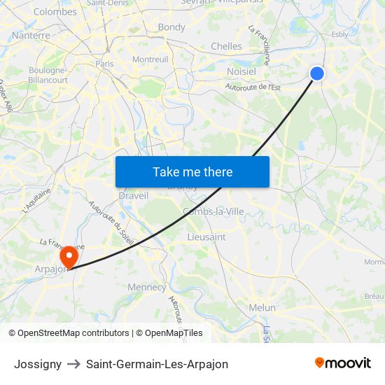 Jossigny to Saint-Germain-Les-Arpajon map
