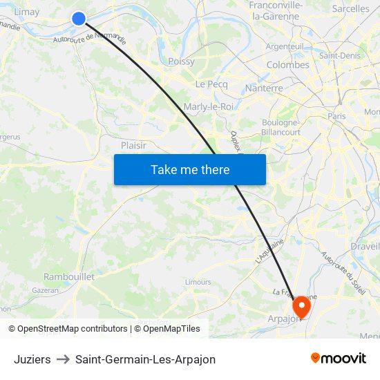 Juziers to Saint-Germain-Les-Arpajon map