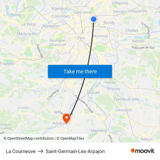 La Courneuve to Saint-Germain-Les-Arpajon map