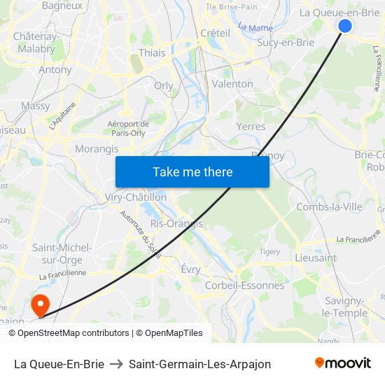 La Queue-En-Brie to Saint-Germain-Les-Arpajon map